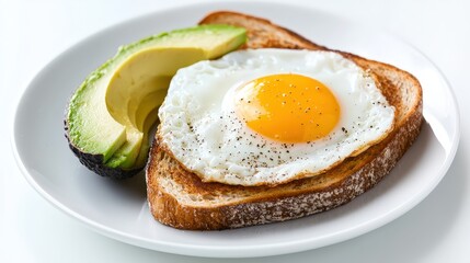 Fototapeta premium White plate featuring a sandwich and a fried egg served for breakfast or brunch meal