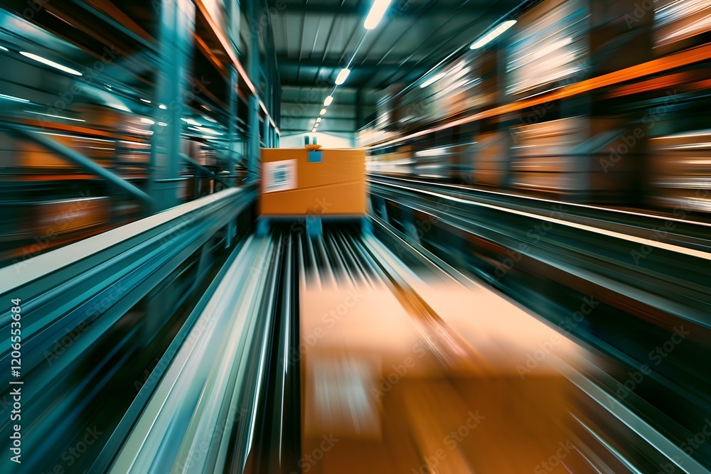 Poster automated warehouse conveyor system with moving cardboard box