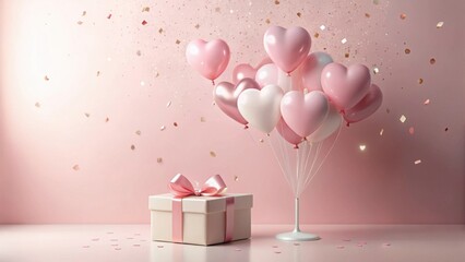 A Festive Arrangement of Heart-Shaped Balloons and a Gift Box with Confetti