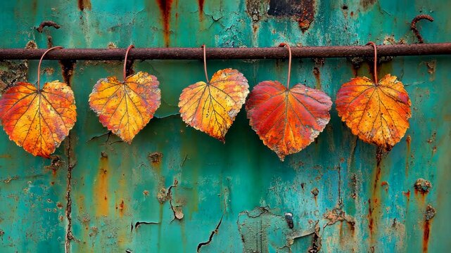 Colorful autumn leaves hanging on a rusted metal rod against a textured turquoise background