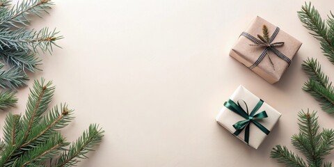 Elegant Holiday Presents and Evergreen Branches on Neutral Background