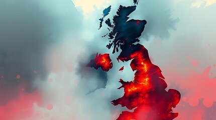 Fiery abstract map of Great Britain.
