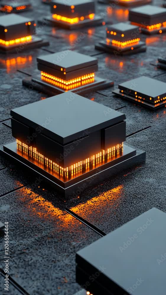 Poster high-tech microchips illuminated on a dark surface displaying a futuristic design at dusk