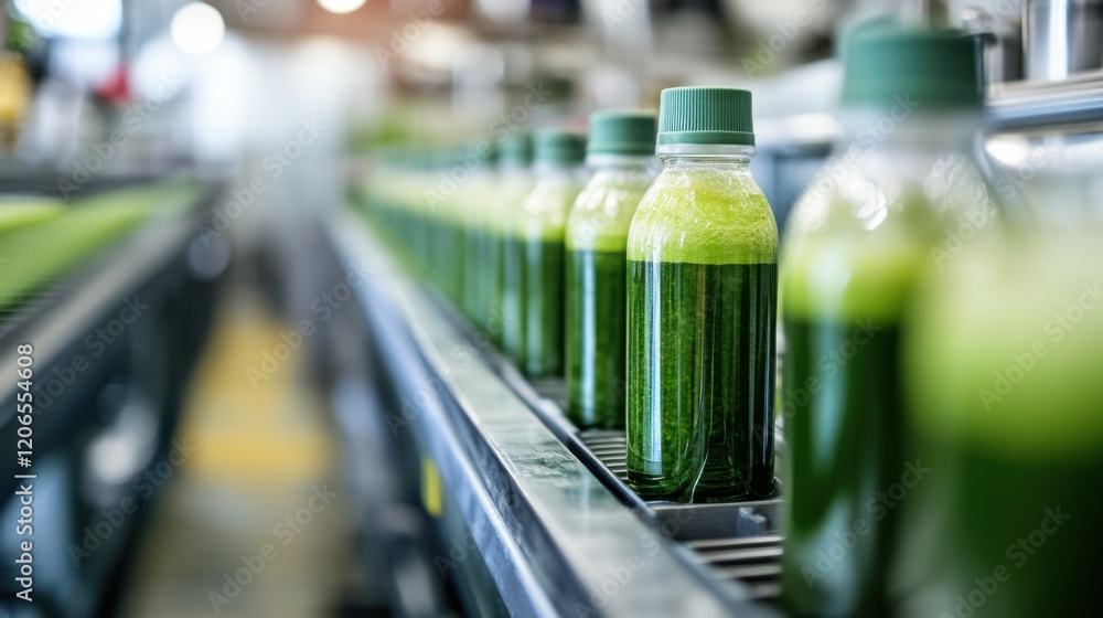 Poster bottles of green juice on a production line in a modern factory with blurred background activity