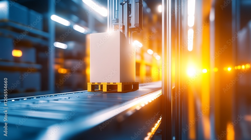 Poster a conveyor system transporting a package in a warehouse setting with warm lighting.