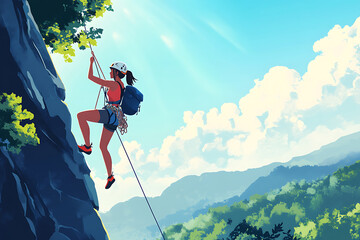 Obraz premium Female climber scaling a rocky cliff on a sunny day, surrounded by lush green mountains and blue sky