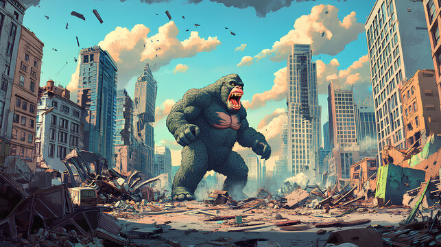 an angry king kong who wants to destroy the building