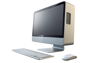 Minimalist desktop computer setup featuring a sleek monitor, ergonomic keyboard, and modern design mouse for efficient office work.