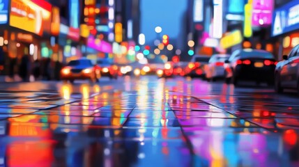 Fototapeta premium A vibrant city street at dusk, illuminated by colorful lights reflecting on wet pavement.