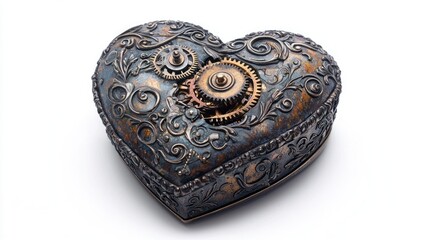Fototapeta premium Intricate Metal Heart Box with Exposed Gears: A Steampunk Romantic Design