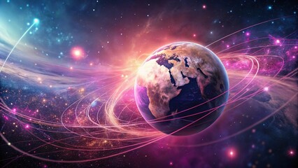 Obraz premium Cosmic Interconnections A Vibrant Celestial Sphere Encircled by Energetic Streams of Light and Stardust