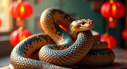 Fototapeta premium Year of the Snake poster,card,banner. A snake intertwined with Chinese lanterns, with copy space.