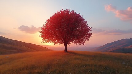 Sunset Red Tree Hilltop Landscape Serenity