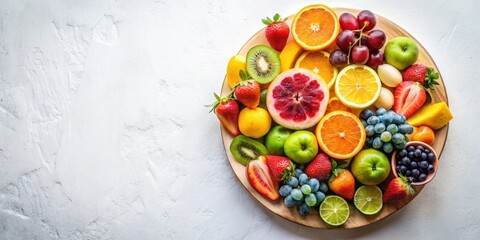 A vibrant assortment of fresh, ripe fruits arranged on a wooden platter, showcasing a colorful and healthy mix of citrus, berries, and exotic fruits.