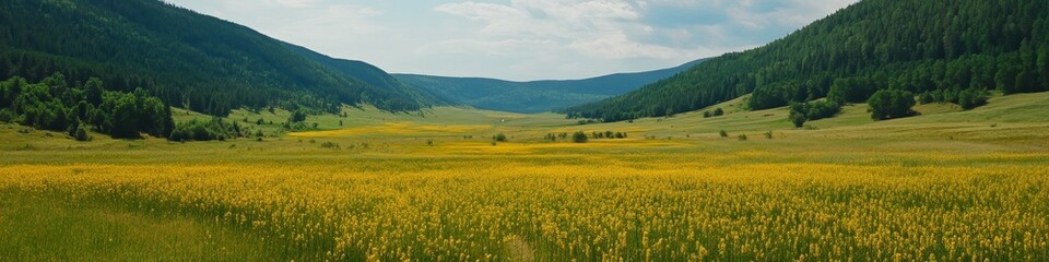 A serene landscape featuring a vast yellow flower field surrounded by green hills.