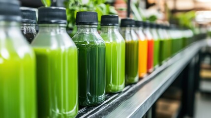 Colorful assortment of fresh juices displayed on a shelf in a vibrant market setting (1)