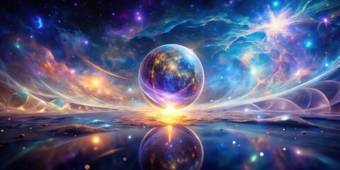 Obraz premium A Celestial Orb Reflecting in a Cosmic Ocean, Surrounded by Vibrant Nebulae and Glowing Stars, Creates a Stunning Vision of Otherworldly Beauty