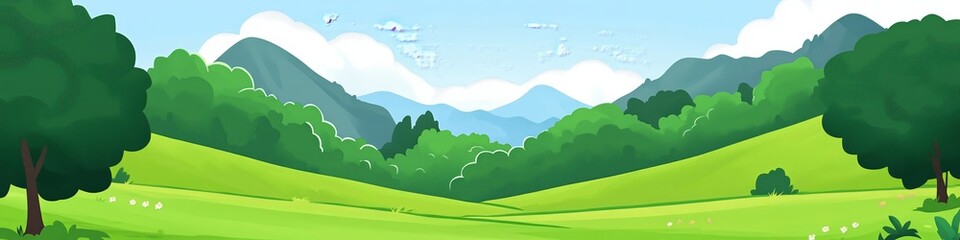 A vibrant landscape featuring rolling green hills, trees, and a clear blue sky.