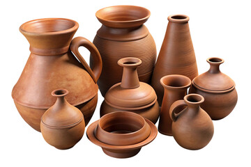 Assorted clay pottery with smooth finishes and intricate shapes, representing cultural heritage and artisanal skill in ceramics.
