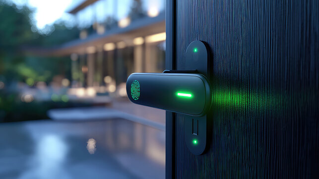 Smart door lock with green light indicating unlocked status on a modern dark wooden door, luxury house in background.