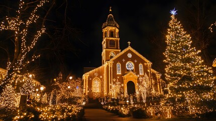 Obraz premium Festive Church Adorned With Christmas Lights At Night