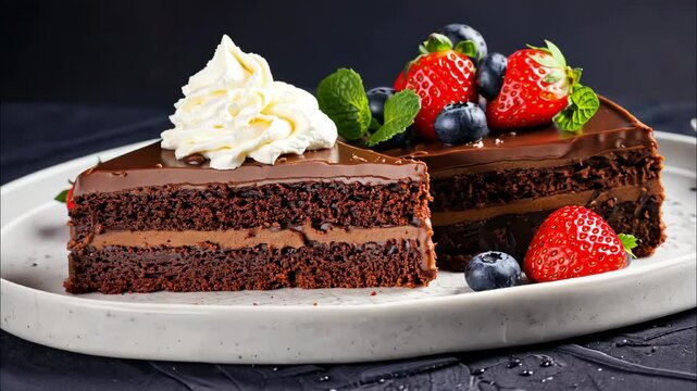 A slice of chocolate bread with cream and strawberries decorated on it is very beautiful, delicious restaurant food