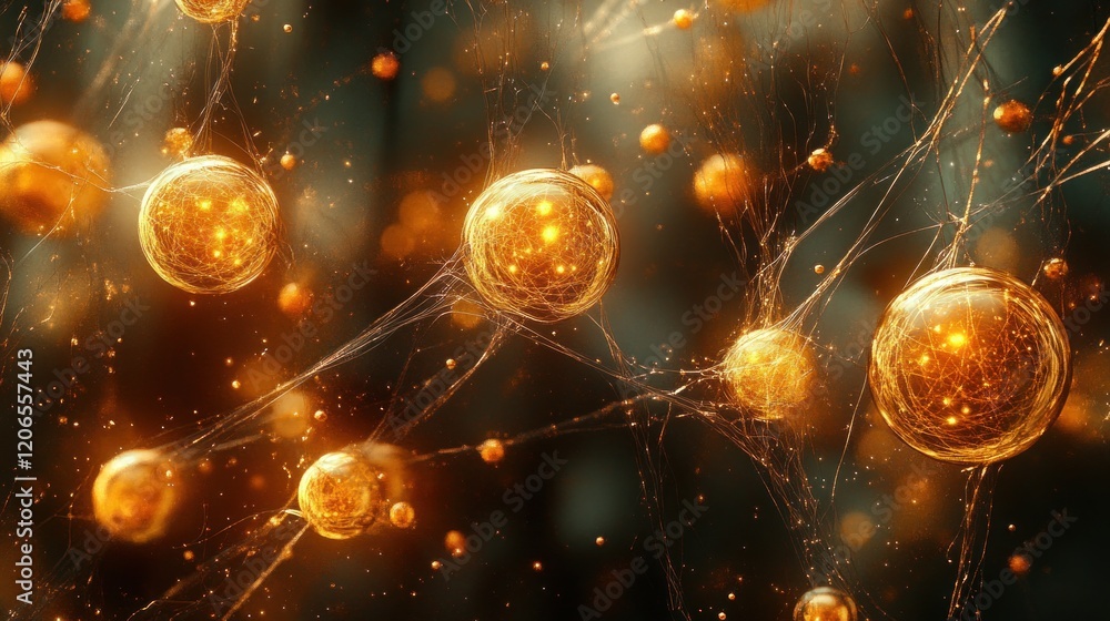Poster intricate network of glowing orbs in a dark abstract space