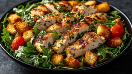 Fototapeta premium Delicious Grilled Chicken Caesar Salad with Croutons and Cherry Tomatoes