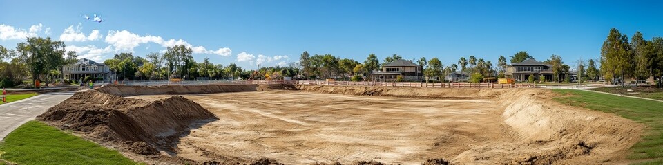 A large, cleared construction site with a panoramic view under a clear blue sky.