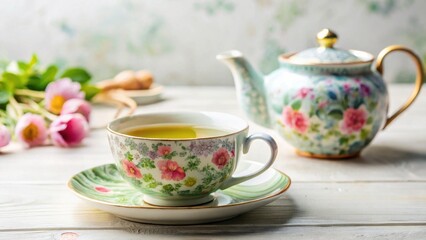Aromatic Herbal Tea in a Delicate Floral Teacup and Matching Saucer, Served with a matching teapot on a White Wooden Table