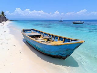 Naklejka premium Old blue fishing boat on a tropical beach.