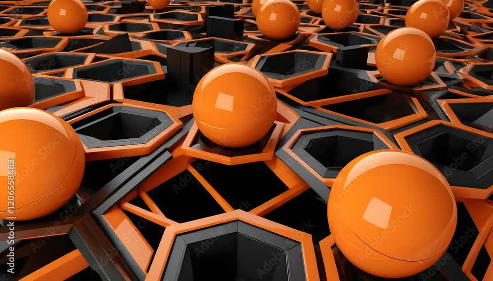 Poster abstract 3d render: orange spheres on black and orange hexagonal structure