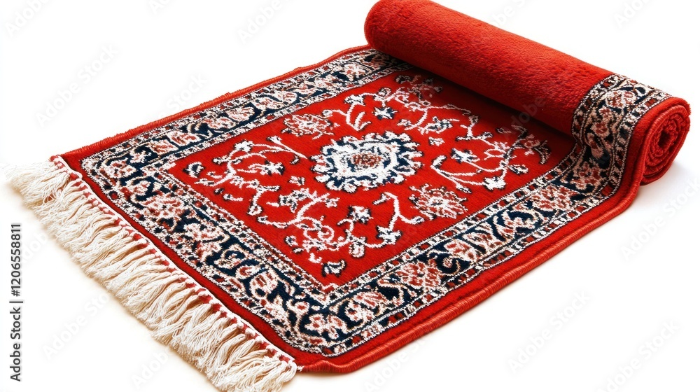 Poster intricate red carpet with detailed pattern and tassels partially rolled up against white background