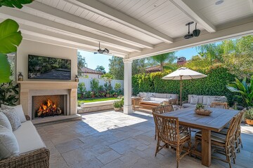 Covered patio with fireplace and dining area featuring white roof beams, island table, bench seating, flat-screen TV, surrounded by greenery for a comfortable and inviting outdoor living space. - obrazy, fototapety, plakaty