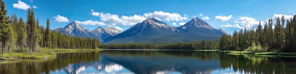 A serene mountain landscape reflecting in a calm lake under a clear blue sky.
