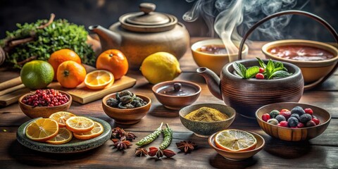 Aromatic Herbal Tea Preparation with Citrus Fruits and Berries