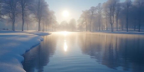 Fototapeta premium Sunlit winter scene with snow, trees, and calm water.