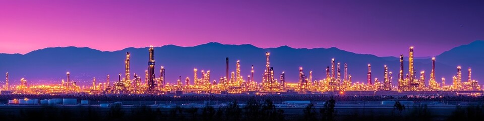 Naklejka premium A vibrant industrial landscape illuminated at dusk, showcasing oil refineries and smokestacks.