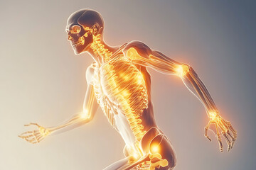 A glowing, anatomical representation of a human skeleton in a dynamic running pose against a gradient background