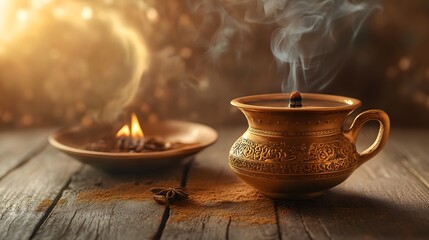 Golden Vessel Burning Incense With Aromatic Spices