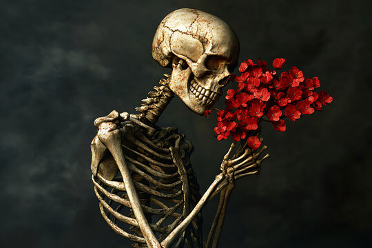 A skeleton holding a bouquet of red flowers against a dark background, symbolizing life and death
