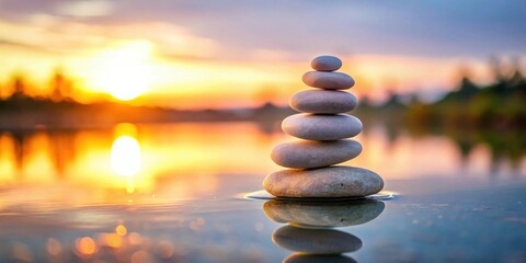 Obraz premium Serene Sunset Reflection Balanced Stones on Still Water at Dawn