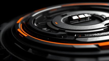 A close-up of a futuristic, circular design with orange accents on a dark background.