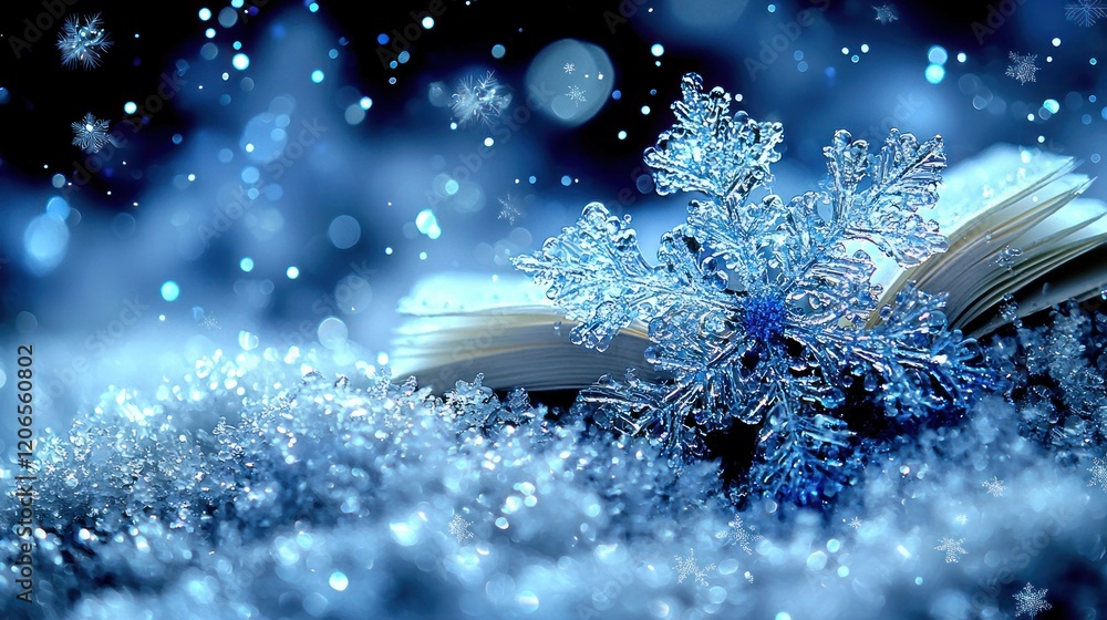 Poster intricate snowflake on a snowy surface with sparkling lights a close-up winter scene