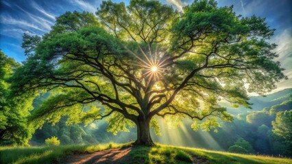 Fototapeta premium Majestic Oak Tree Silhouetted Against a Sunrise Sky, Beams of Light Streaming Through Branches