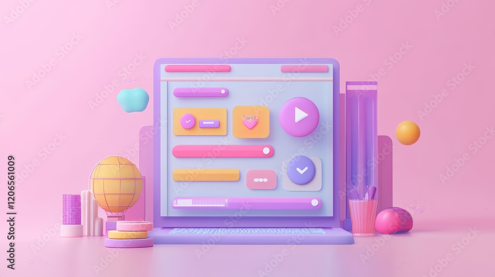 Aufkleber a colorful digital interface with playful buttons and elements on a laptop against a pink background