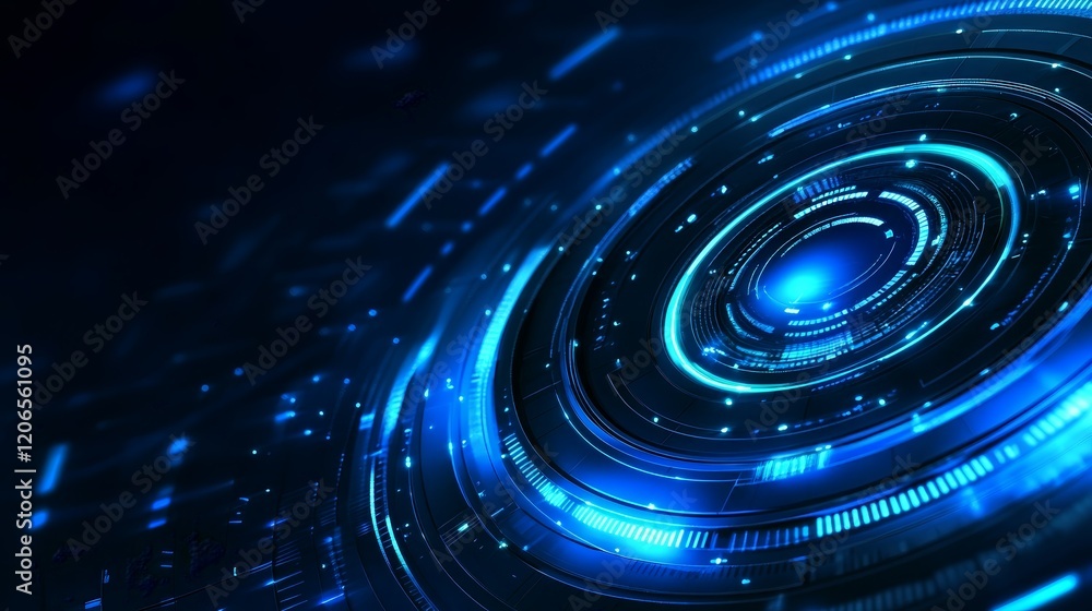 Poster abstract digital design with circular patterns and glowing blue elements.