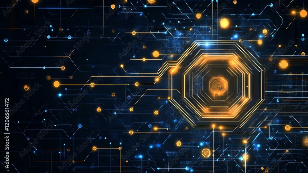 Poster abstract digital circuit design with glowing elements on a dark background.
