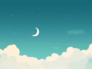 Serene Night Sky with Crescent Moon and Fluffy Clouds