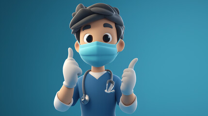 Healthcare Worker Wearing A Mask and Gloves, Ready For Duty. 3D cartoon character illustration, high definition